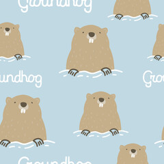 Seamless pattern on the theme of Groundhog Day on February 2. Decorated with a lettering and Groundhog.