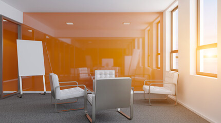 Modern office Cabinet.  3D rendering.   Meeting room. Sunset.