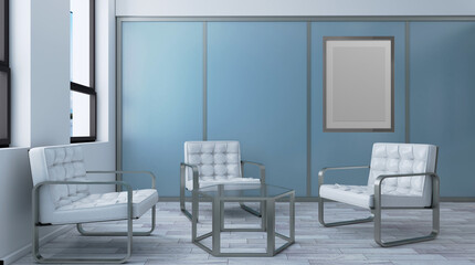 Modern office building interior. 3D rendering.. Blank paintings.
