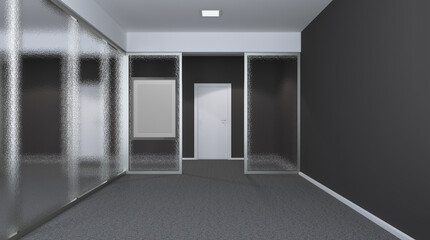 Open space office interior with like conference room. Mockup. 3D rendering.. Blank room.  Mockup.. Blank paintings.