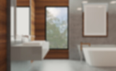 Unfocused, Blur phototography. Bathroom with wood paneling on the walls. modern sink. marble floor. 3D rendering.. Blank paintings.  Mockup