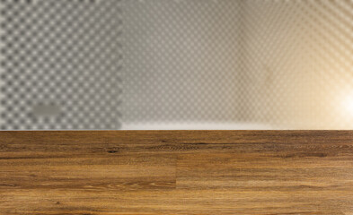 Freestanding bath with towels in grey modern bathroom. 3D rendering.. Sunset. Abstract blur phototography. wooden table on blurred background.