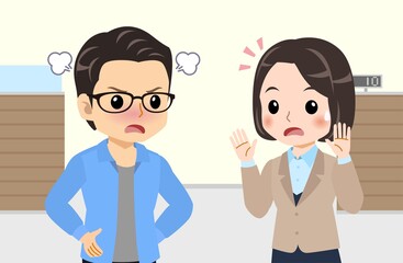 Bank clerk and young man at bank conversation