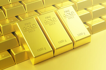 Stack of Fine Gold bars with light flare wealthy concept ,3d rendering,illustration