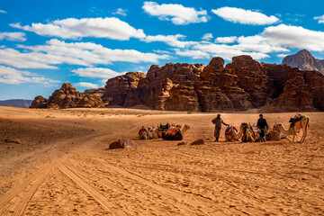 Derserto Wadi Rum in Giordania, rocce e sabbia, beduini e cammelli