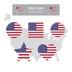 USA flag icons set in the shape of square, heart, circle, stars and pointer, map marker. USA mosaic map. American flag. US flat vector symbol, icon, button