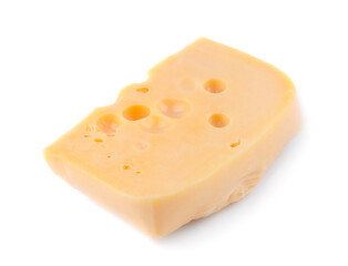 Piece of cheese with large holes in yellow color on white isolated background