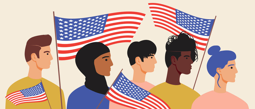 Americans people with usa flag as a banner, flat vector stock illustration with multicultural men, women as a concept of protests, voting