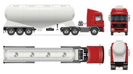 Dry bulk tanker trailer truck vector mockup on white for vehicle branding, corporate identity. View from side, front, back, top. All elements in groups on separate layers for easy editing and recolor © Yuri Schmidt