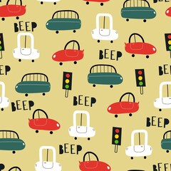 seamless pattern with cartoon cars, decor elements. Colorful vector flat style for kids. hand drawing. baby design for fabric, print, wrapper, textile