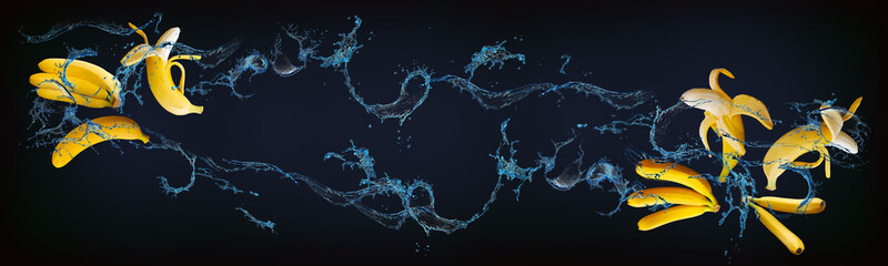 Beautiful background for designers, panorama with fruits in water - banana