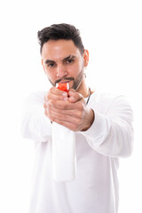 Men combing and drying their hair with blow dryer on white background