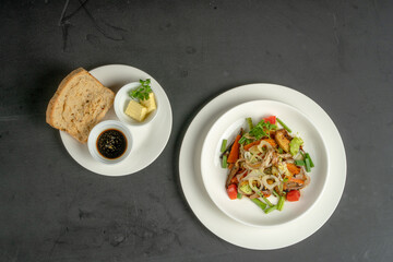 Food Dish in black background top view 