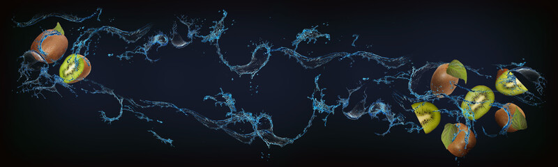 Beautiful background for designers, panorama with fruits in water - kiwi