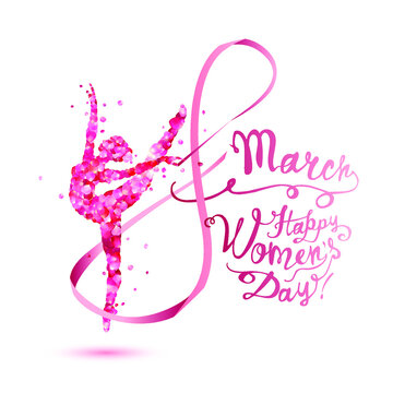 8 march. Happy Women's Day! Silhouette of a dancing woman with ribbon of pink rose petals