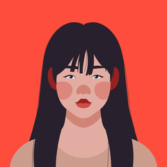 Portrait of a modern teenager or student. Happy girl in casual clothes. Social network profile avatar. Vector flat illustration. Full face view. Close-up of a woman. Beautiful young adult.