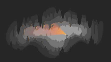 Climber in a spiky cave - underground exploration with a flashlight - flat 2d silhouette design