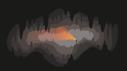 Climber in a spiky cave - underground exploration with a flashlight - flat 2d silhouette design