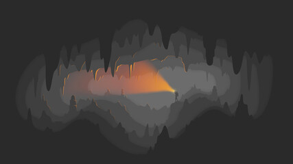 Climber in a spiky cave - underground exploration with a flashlight - flat 2d silhouette design