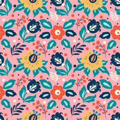 Fototapeta na wymiar vector seamless pattern with different flowers, leaves, berries on a pink background. pattern for printing on fabric, clothing, wrapping paper. background for websites and applications