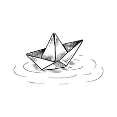 Paper boat on the water. Black and white sketch in sketch style. Vector illustration isolated on white.