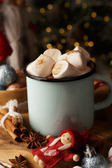 Marshmallows with coffee and chocolate in mug - Christmas drink   