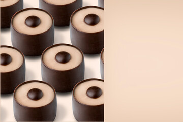 chocolate candies with coffee milk filling, textured background of sweets