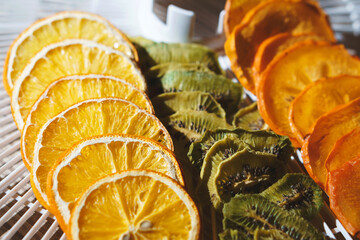 colorful fruit crisps on dehydrator