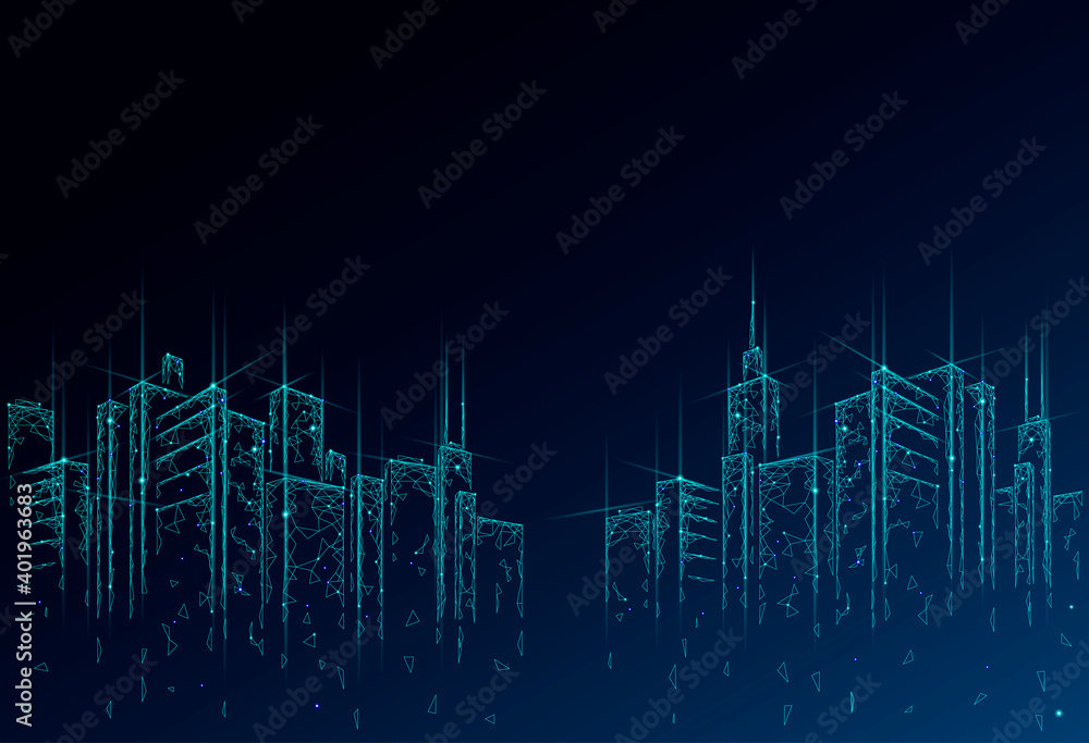 Poster low poly smart city 3d wire mesh. intelligent building automation system business concept. web onlin