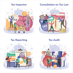 Tax inspector concept set. Idea of accounting and payment.