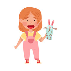 Excited Girl Artist with Handcrafted Cardboard Hare Vector Illustration