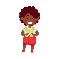 Smiling African American Girl Artist with Handcrafted Butterfly Vector Illustration