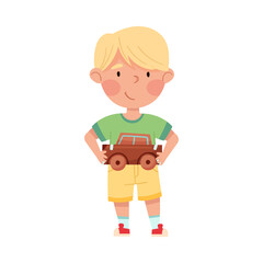 Smiling Boy Artist with Handcrafted Cardboard Car Vector Illustration