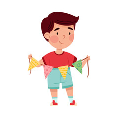 Smiling Boy Holding Made from Paper Triangle Garland Vector Illustration