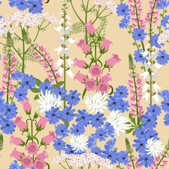 Seamless vector illustration with beautiful wildflowers on a beige background.