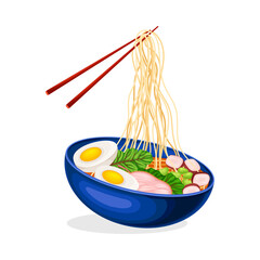 Asian Savoury Soup with Noodles and Boiled Egg in Bowl with Chopsticks Vector Illustration
