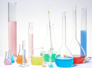 Chemical laboratory equipment. Laboratory glassware, test tubes filled with reagents and substances...