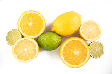 fruits kind of citrus isolated on white background. Lime, lemon, orange.