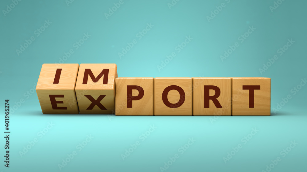 Poster Import export wooden cubes in 3d rendering on a blue background. Word 