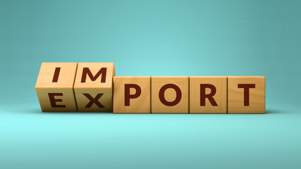 Import export wooden cubes in 3d rendering on a blue background. Word "import" flipping to "export"