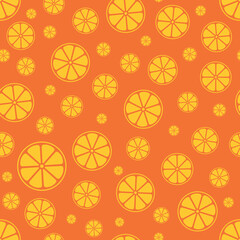 Vector seamless pattern. Isolated round slices of citrus fruits, orange, lemon, different sizes, randomly distributed over the background. Template design for holiday packaging, prints, web design.
