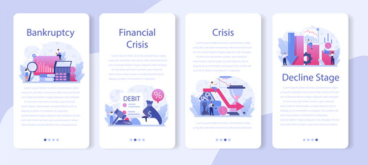 Decline stage mobile application banner set. Finance crisis