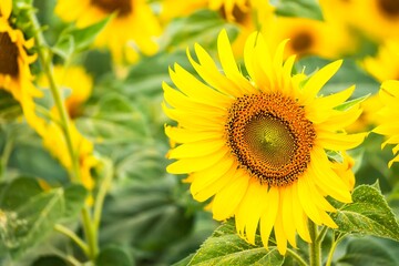 Beautiful blooming sunflower on a background field of sunflowers.Sunflowers have abundant health benefits. Sunflower oil improves skin health and promote cell regeneration.Selective focus