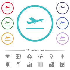 Airplane take off flat color icons in circle shape outlines
