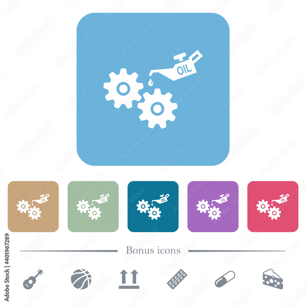 Poster oiler can and gears flat icons on color rounded square backgrounds