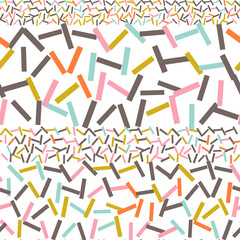 Geometric vector seamless pattern with simple shapes. Rows of lines in pastel colors on white background.