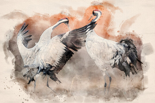 Common crane ( Grus grus ) pair mating - watercolor image