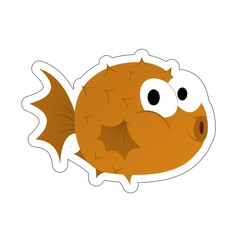 Sticker of Orange Puffer Fish Cartoon, Cute Funny Character, Flat Design
