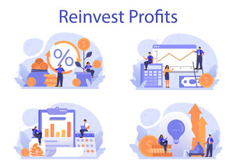 Profit reinvestment concept set. Investing business profit in a new project
