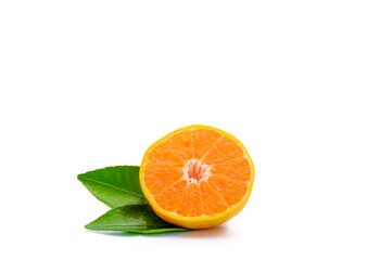 Fresh orange cut in half on white background
